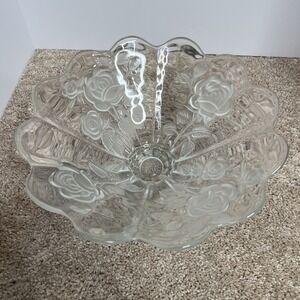 Vintage 1950s Walther Glass Frosted Roses Crystal Rose Bowl With Pedestal Base